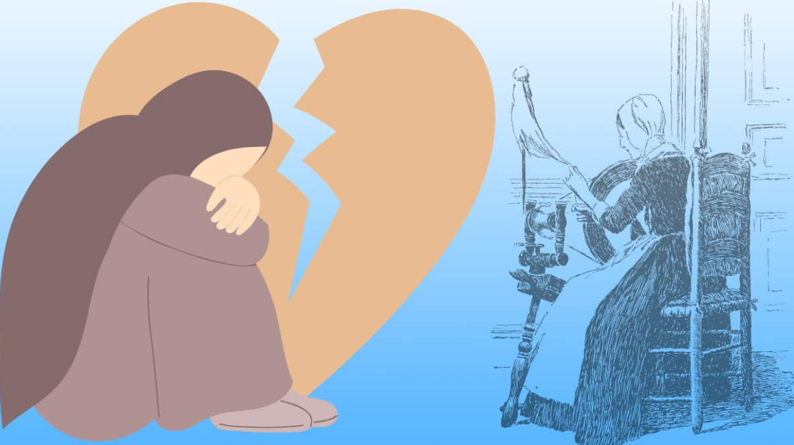 Perempuan memintal benang di alat pemintal tradisional