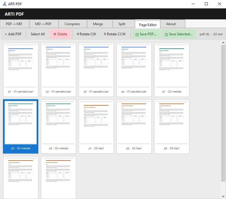 Aplikasi ARTi PDF, tab Page Editor menampilkan thumbnail halaman dari tiga berkas PDF yang bisa diurutkan, diputar, dan dihapus