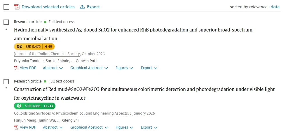 Hasil pencarian ScienceDirect dengan lencana di atas nama jurnal